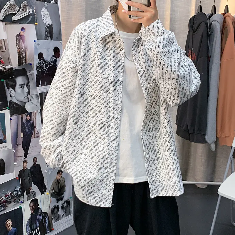 Men's Long Sleeve Korean Style Harajuku Shirt White Patterned Loose Ins Top - Image 5