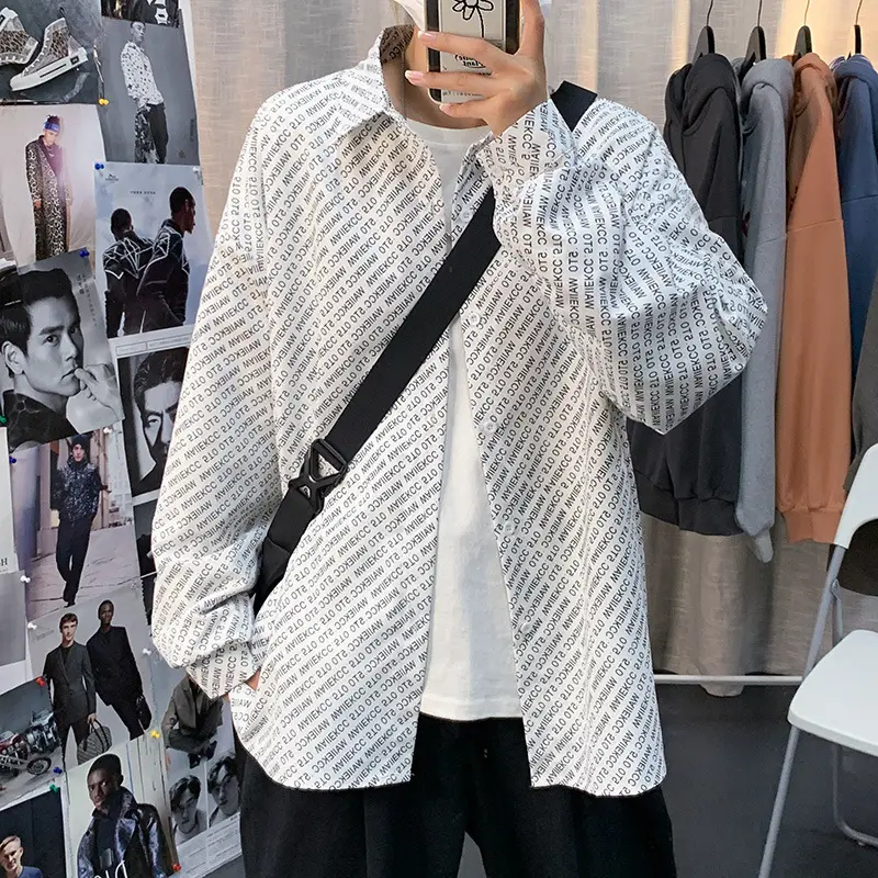 Men's Long Sleeve Korean Style Harajuku Shirt White Patterned Loose Ins Top - Image 6