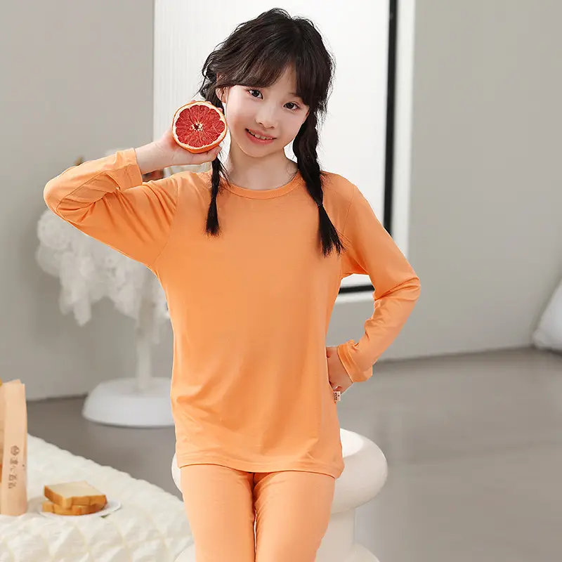 Orange Long Sleeve Thermal Pajamas for Kids Spring Autumn - Image 7