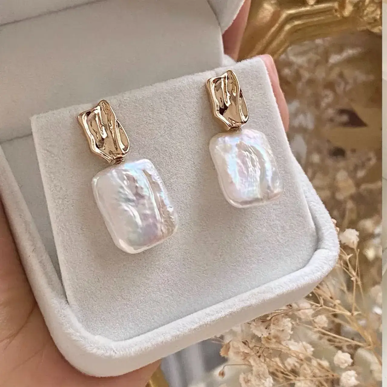 Natural Cube Pearl Earrings for Women French Style