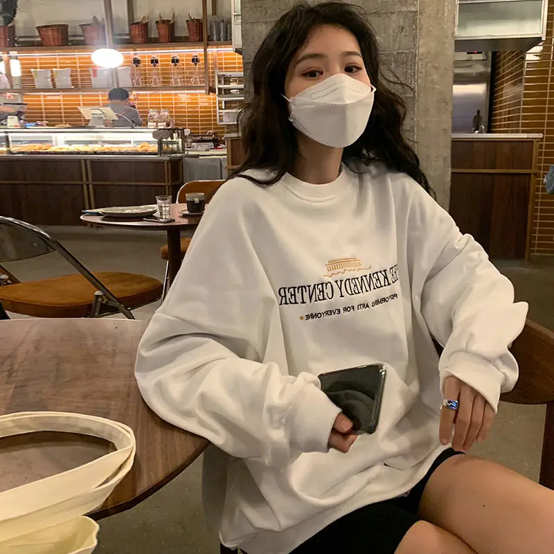 Women Fleece Lined Hoodie Grey Korean Style Loose Fit - Image 3