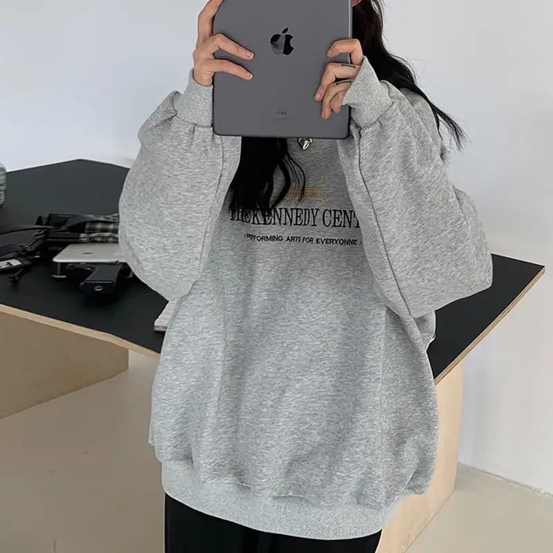 Women Fleece Lined Hoodie Grey Korean Style Loose Fit - Image 4
