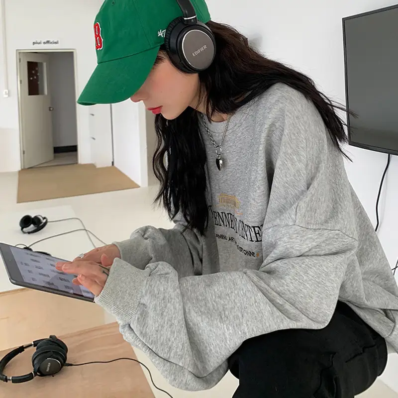 Women Fleece Lined Hoodie Grey Korean Style Loose Fit - Image 5