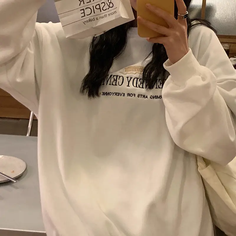 Women Fleece Lined Hoodie Grey Korean Style Loose Fit - Image 6