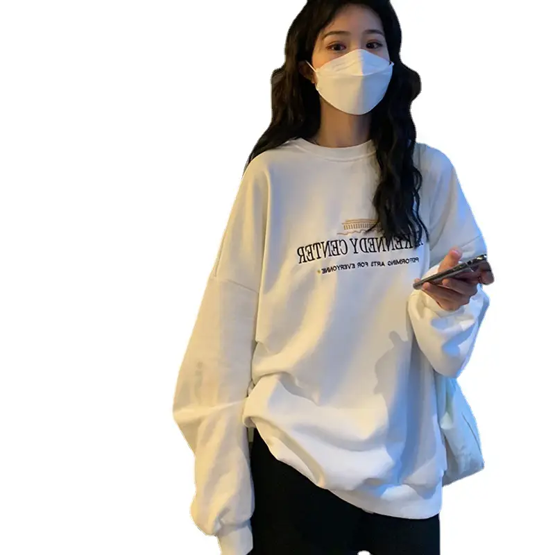 Women Fleece Lined Hoodie Grey Korean Style Loose Fit - Image 7