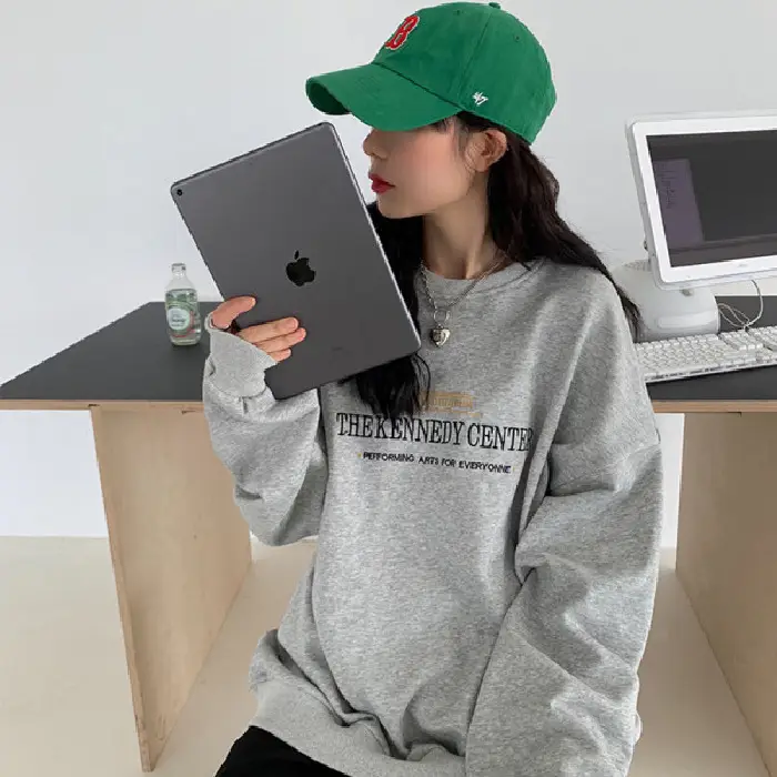 Women Fleece Lined Hoodie Grey Korean Style Loose Fit - Image 2