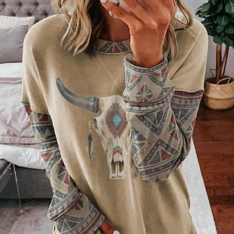 Women Long Sleeve Cotton Sweater Beige with Cowboy Print - Image 2