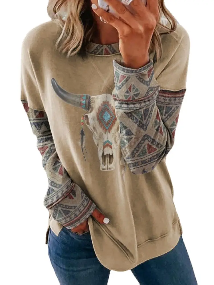 Women Long Sleeve Cotton Sweater Beige with Cowboy Print - Image 3