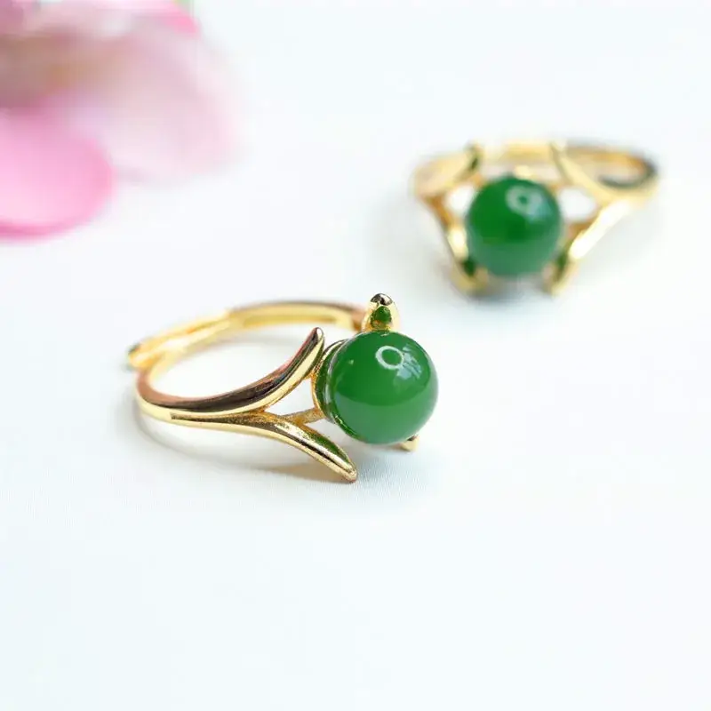 Green Jade Spinach Ring with Gold Plated Band