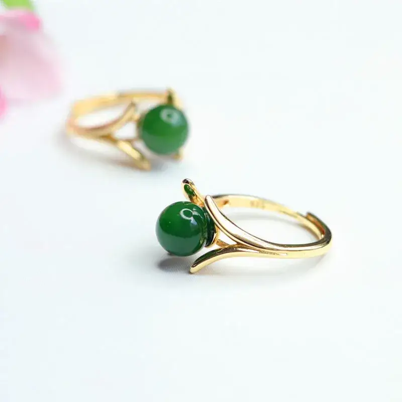 Green Jade Spinach Ring with Gold Plated Band