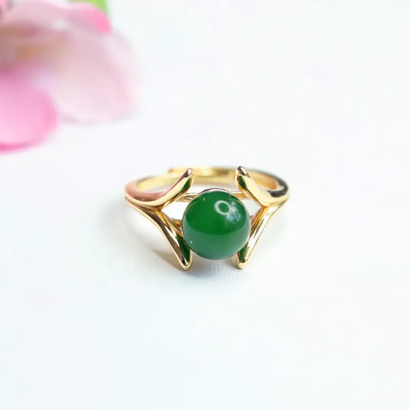 Green Jade Spinach Ring with Gold Plated Band — feature 4