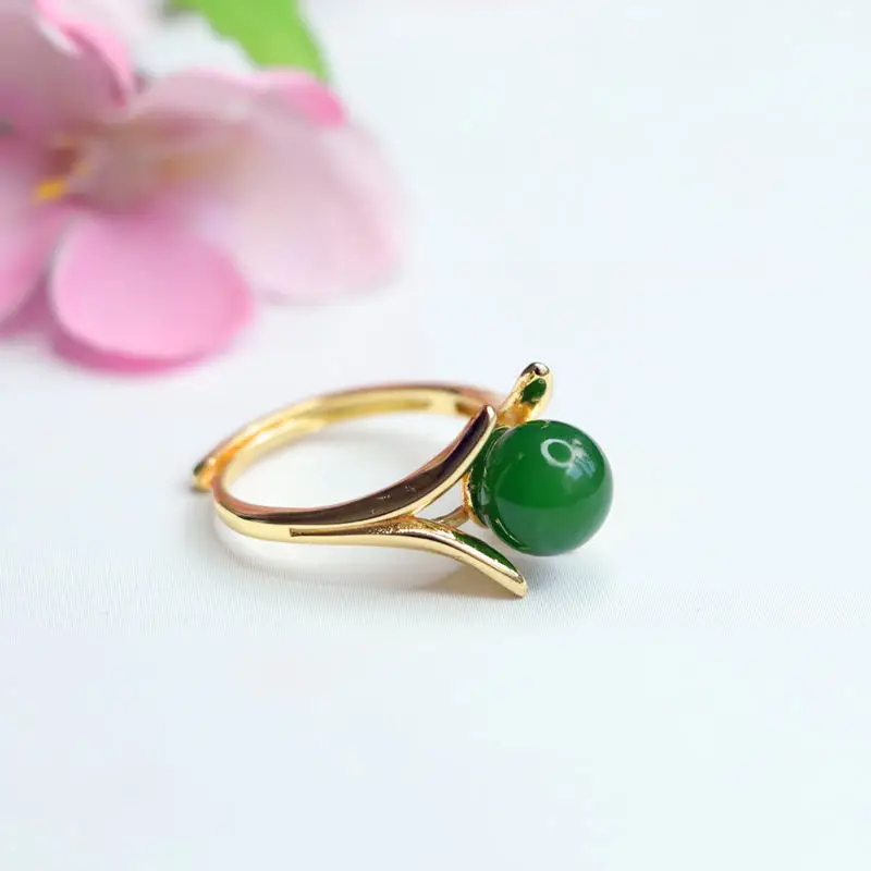 Green Jade Spinach Ring with Gold Plated Band — feature 5