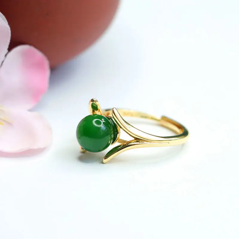 Green Jade Spinach Ring with Gold Plated Band — feature 8