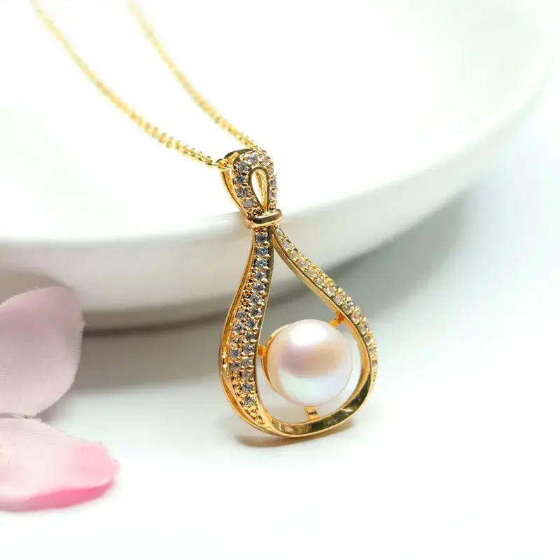 Japanese Korean Style Pearl Pendant Necklace with Full Diamond Water Drop Design - Image 2