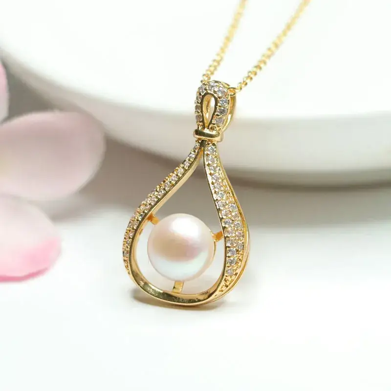 Japanese Korean Style Pearl Pendant Necklace with Full Diamond Water Drop Design - Image 4