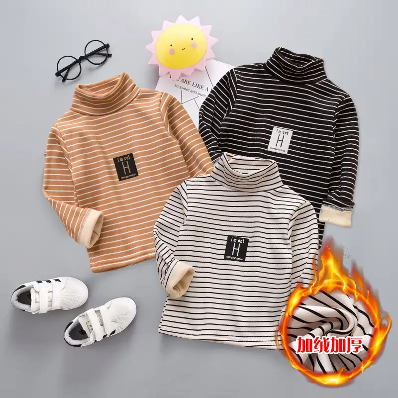Children Striped Fleece Lined Base Shirt Orange Winter Warm - Image 10