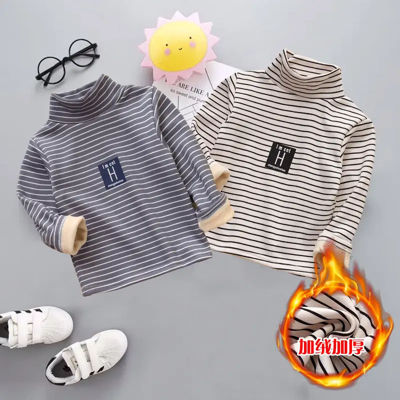 Children Striped Fleece Lined Base Shirt Orange Winter Warm - Image 11