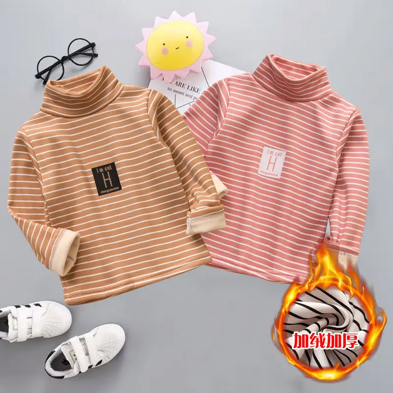 Children Striped Fleece Lined Base Shirt Orange Winter Warm - Image 12