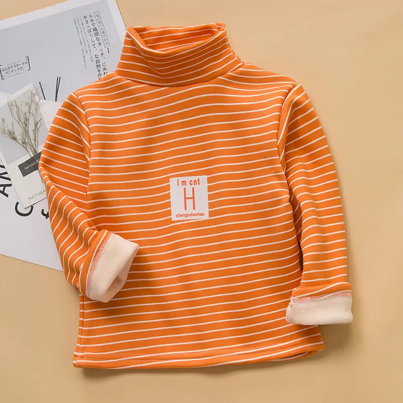 Children Striped Fleece Lined Base Shirt Orange Winter Warm - Image 2
