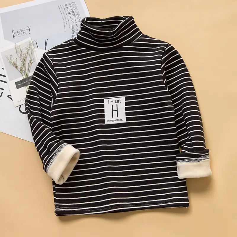 Children Striped Fleece Lined Base Shirt Orange Winter Warm - Image 3