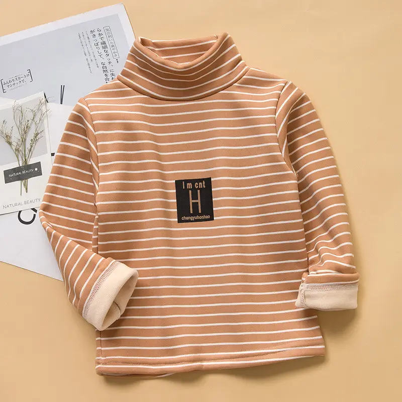 Children Striped Fleece Lined Base Shirt Orange Winter Warm - Image 4