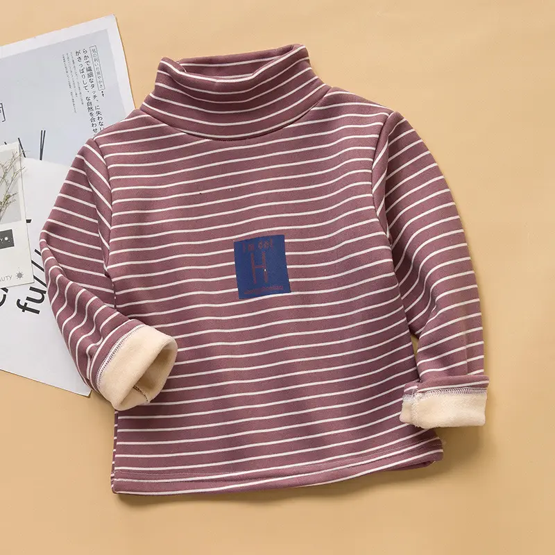 Children Striped Fleece Lined Base Shirt Orange Winter Warm - Image 5