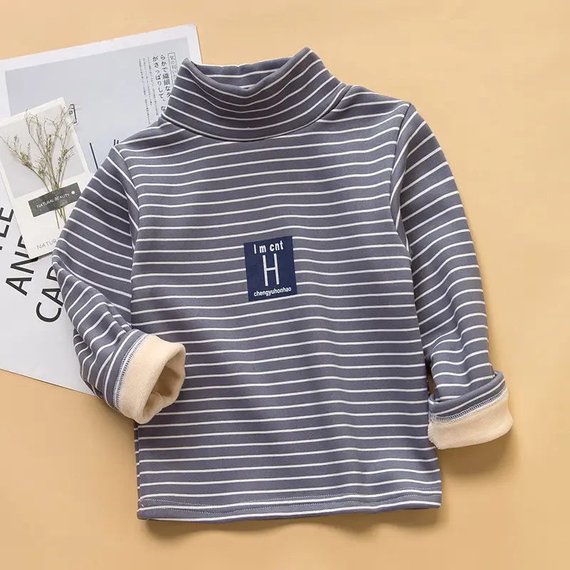 Children Striped Fleece Lined Base Shirt Orange Winter Warm - Image 6