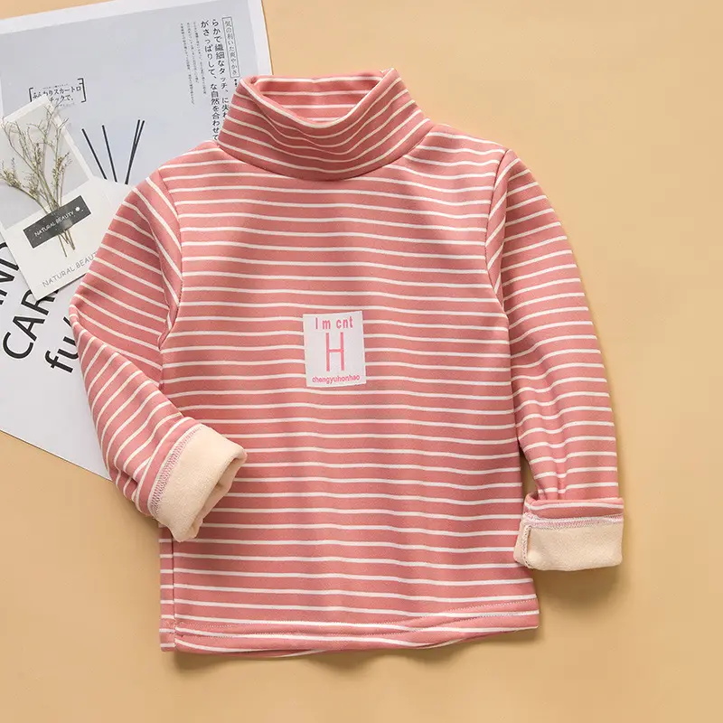 Children Striped Fleece Lined Base Shirt Orange Winter Warm - Image 7