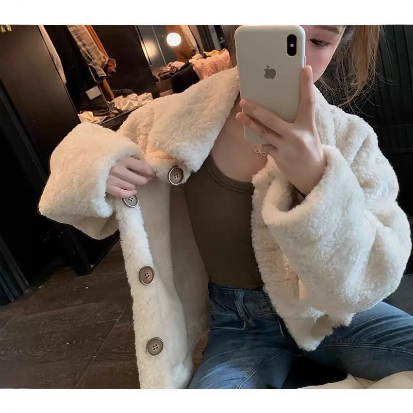 Lamb Wool Short Jacket Women Winter White Loose Fit