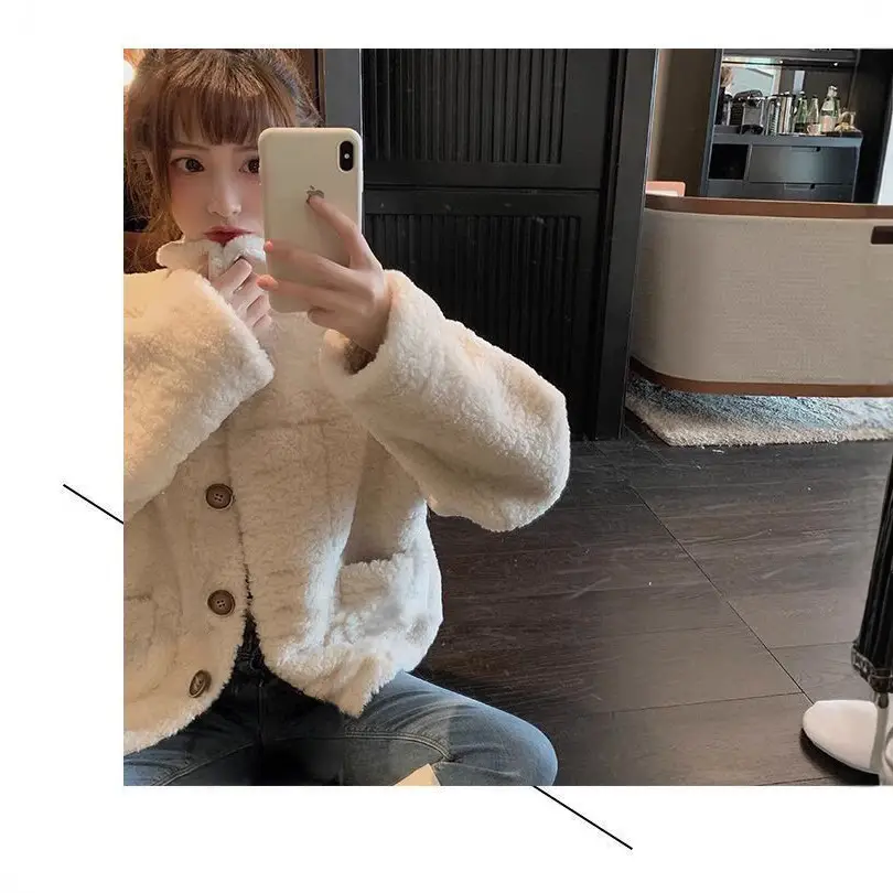 Lamb Wool Short Jacket Women Winter White Loose Fit