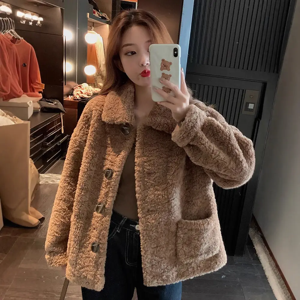 Lamb Wool Short Jacket Women Winter White Loose Fit