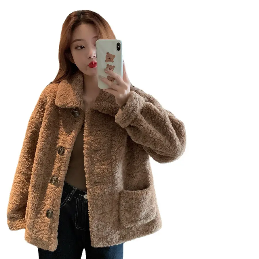 Lamb Wool Short Jacket Women Winter White Loose Fit