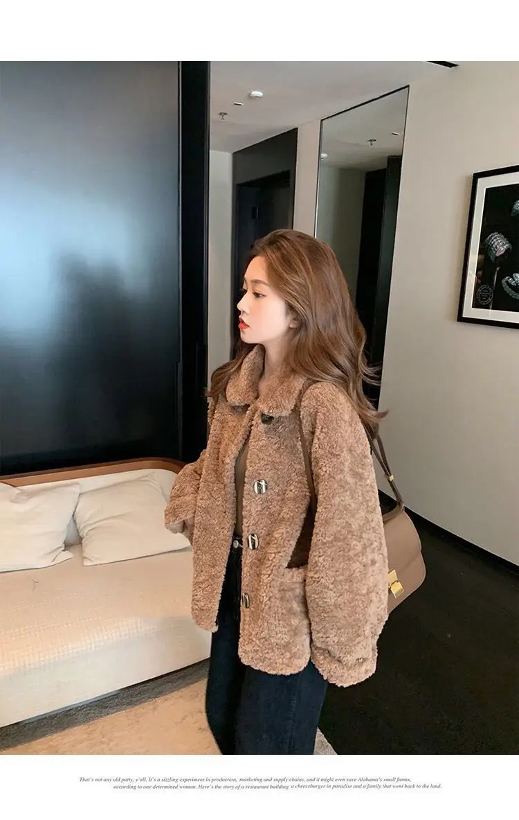Lamb Wool Short Jacket Women Winter White Loose Fit — feature 4