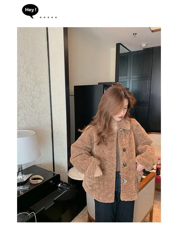 Lamb Wool Short Jacket Women Winter White Loose Fit — feature 5