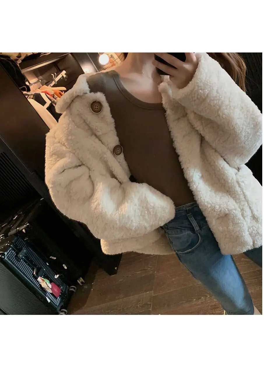 Lamb Wool Short Jacket Women Winter White Loose Fit — feature 8