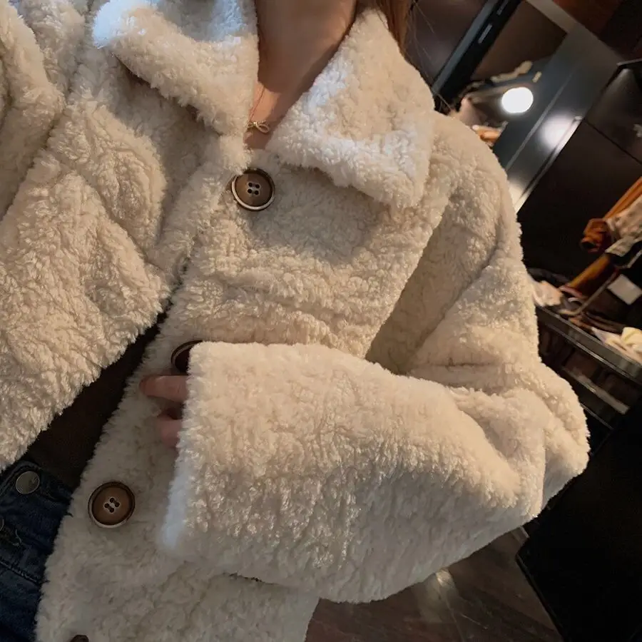 Lamb Wool Short Jacket Women Winter White Loose Fit — feature 9