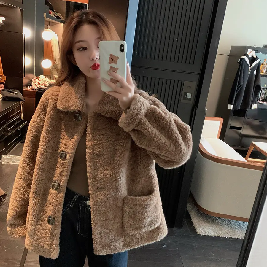 Lamb Wool Short Jacket Women Winter White Loose Fit