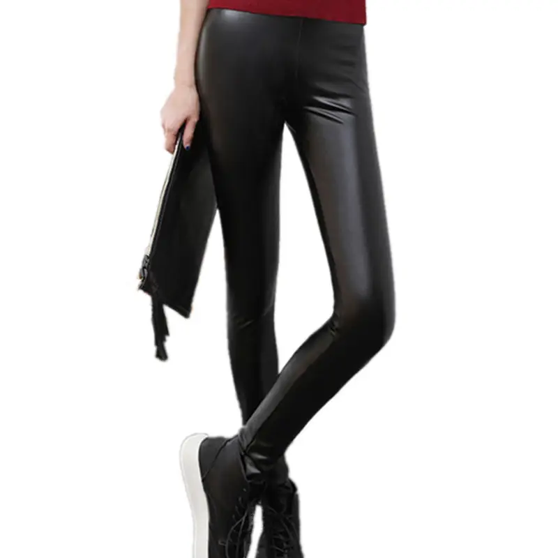 Women Winter Leather Leggings Red Top High Waist Large