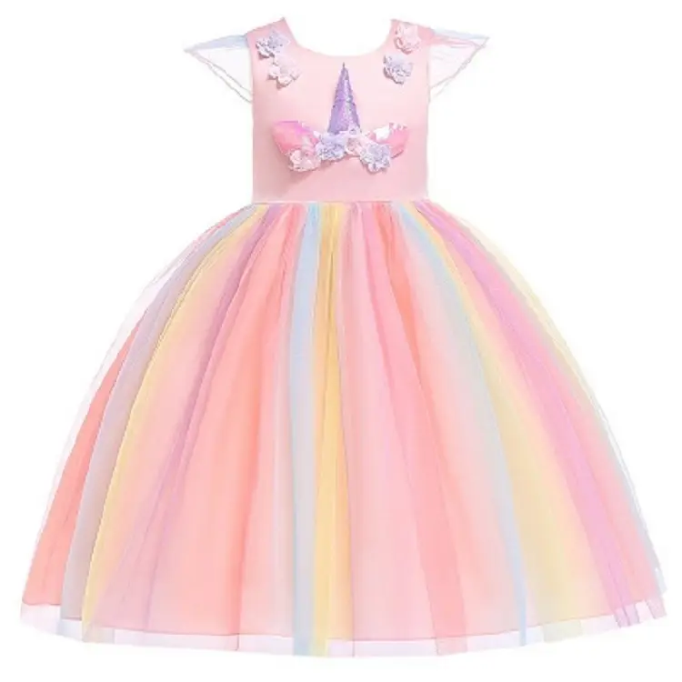 New Halloween Children's Wear Christmas Girl Princess Dress Rainbow Mesh Unicorn Dress Flower Girl Dress - Image 7