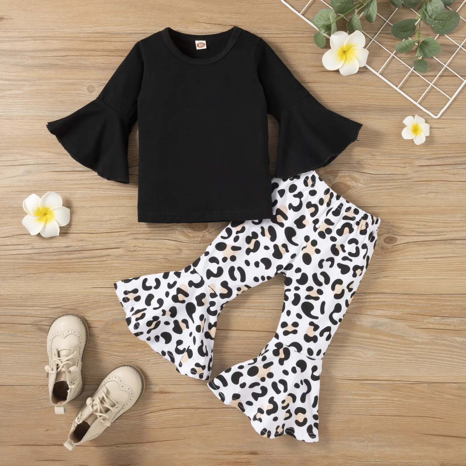 Girls Leopard Print Bell Sleeve Top & Trouser Set