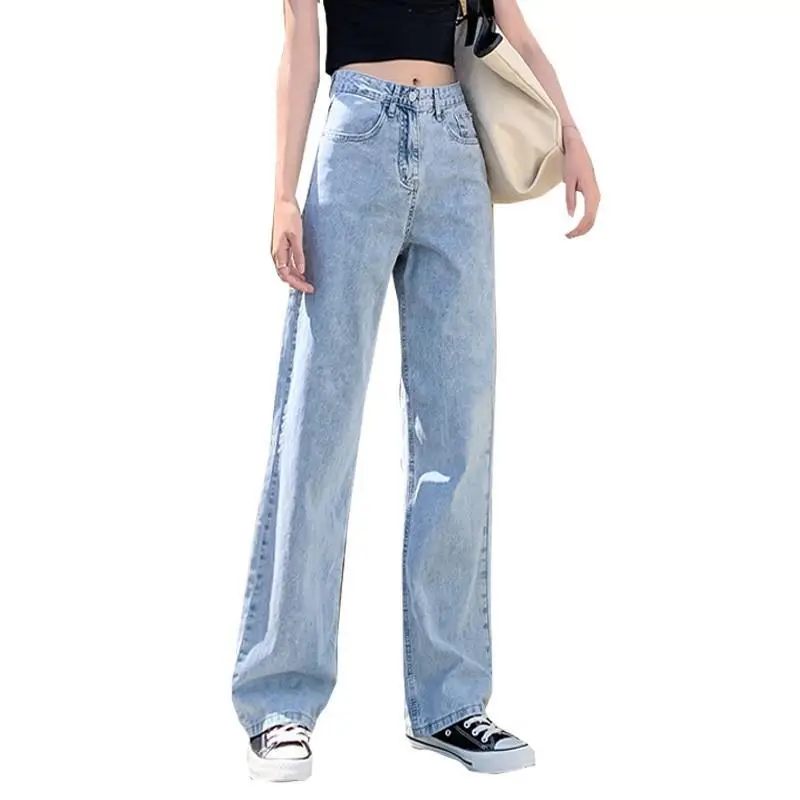 Women High-Waist Wide Leg Jeans Autumn Light Blue - Image 6