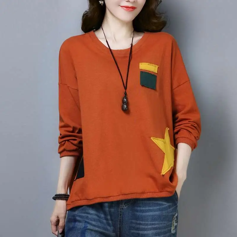 Spring & Autumn Thin Round Neck Long Sleeve Printed Top for Mom Korean Loose Large Size Slimming T-shirt - Image 4