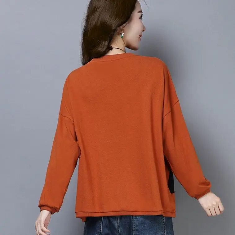 Spring & Autumn Thin Round Neck Long Sleeve Printed Top for Mom Korean Loose Large Size Slimming T-shirt - Image 5