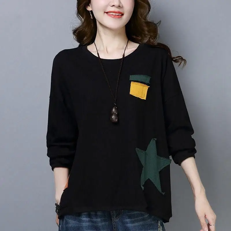 Spring & Autumn Thin Round Neck Long Sleeve Printed Top for Mom Korean Loose Large Size Slimming T-shirt - Image 2