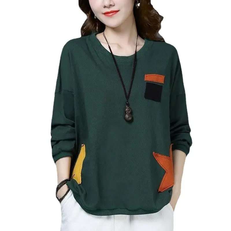 Spring & Autumn Thin Round Neck Long Sleeve Printed Top for Mom Korean Loose Large Size Slimming T-shirt - Image 6