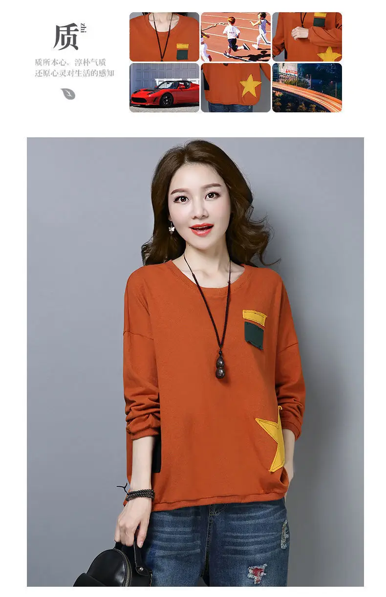 Spring & Autumn Thin Round Neck Long Sleeve Printed Top for Mom Korean Loose Large Size Slimming T-shirt — feature 12