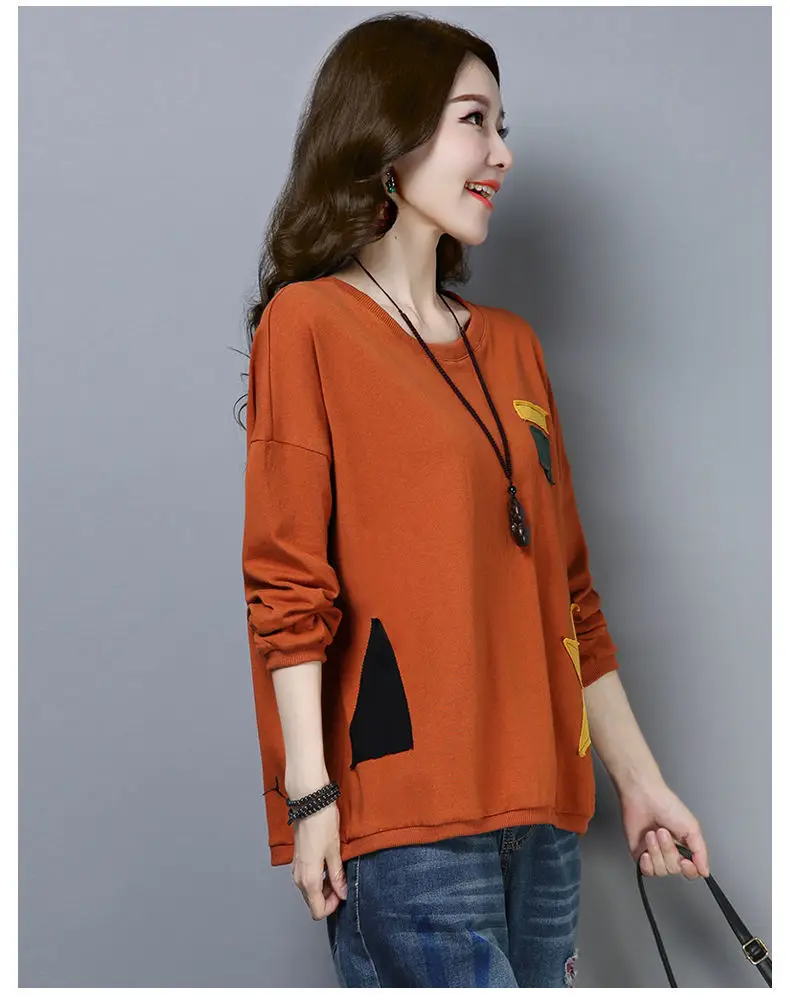 Spring & Autumn Thin Round Neck Long Sleeve Printed Top for Mom Korean Loose Large Size Slimming T-shirt — feature 9