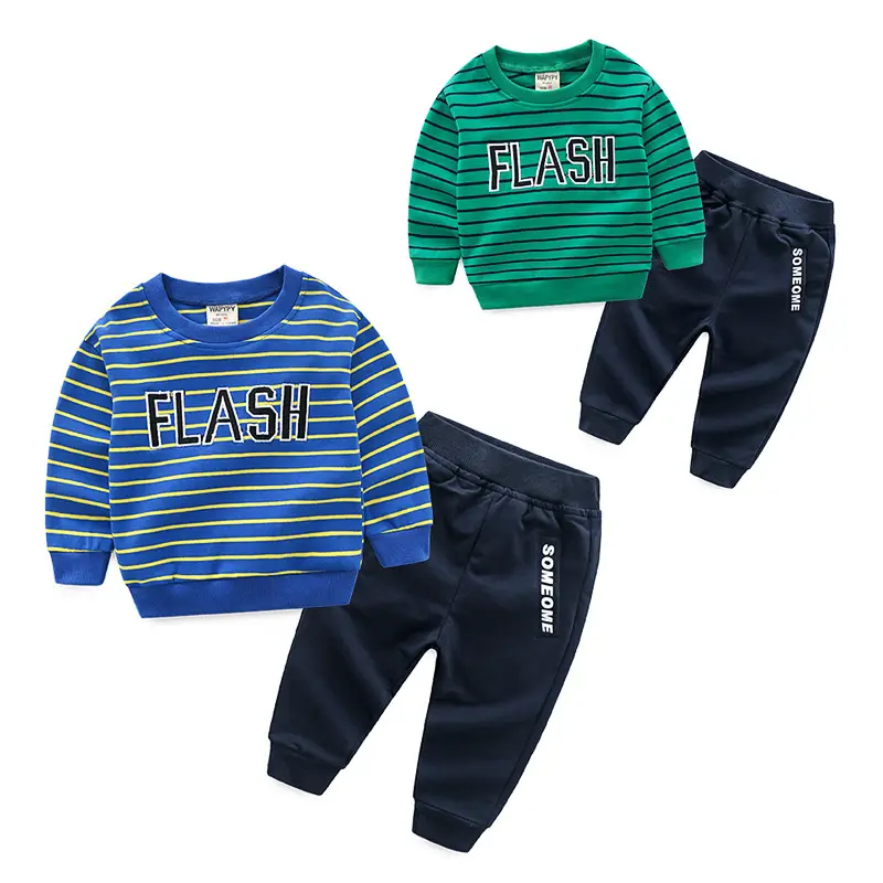 Children Flash Striped Sweatshirt Pants Set Blue Yellow - Image 3