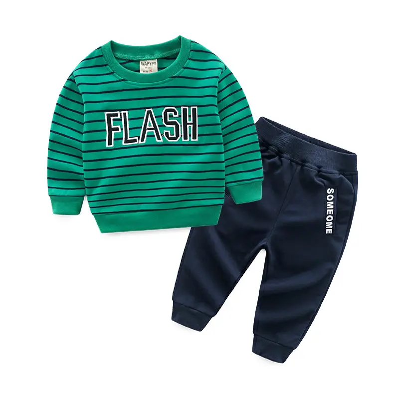 Children Flash Striped Sweatshirt Pants Set Blue Yellow - Image 2
