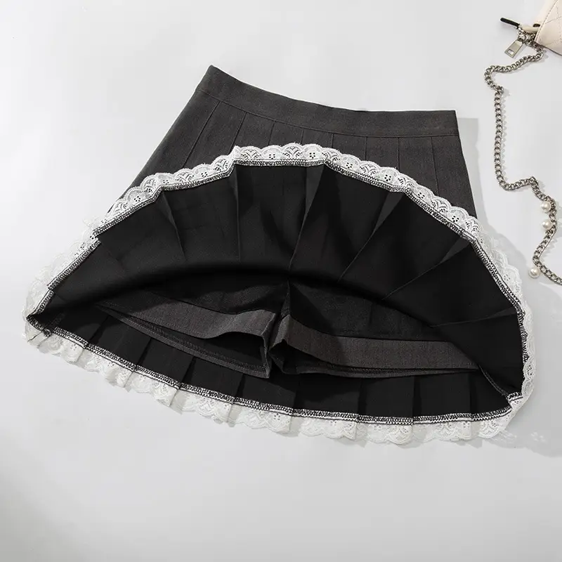 Black Lace High Waist Pleated Skirt Plus Size Slimming A-Line - Image 4